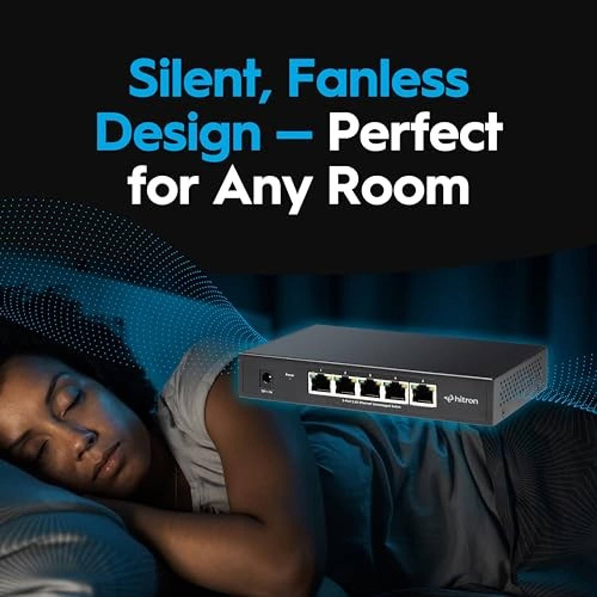 Black Hitron 5-port unmanaged Ethernet switch showing five RJ-45 Ethernet ports