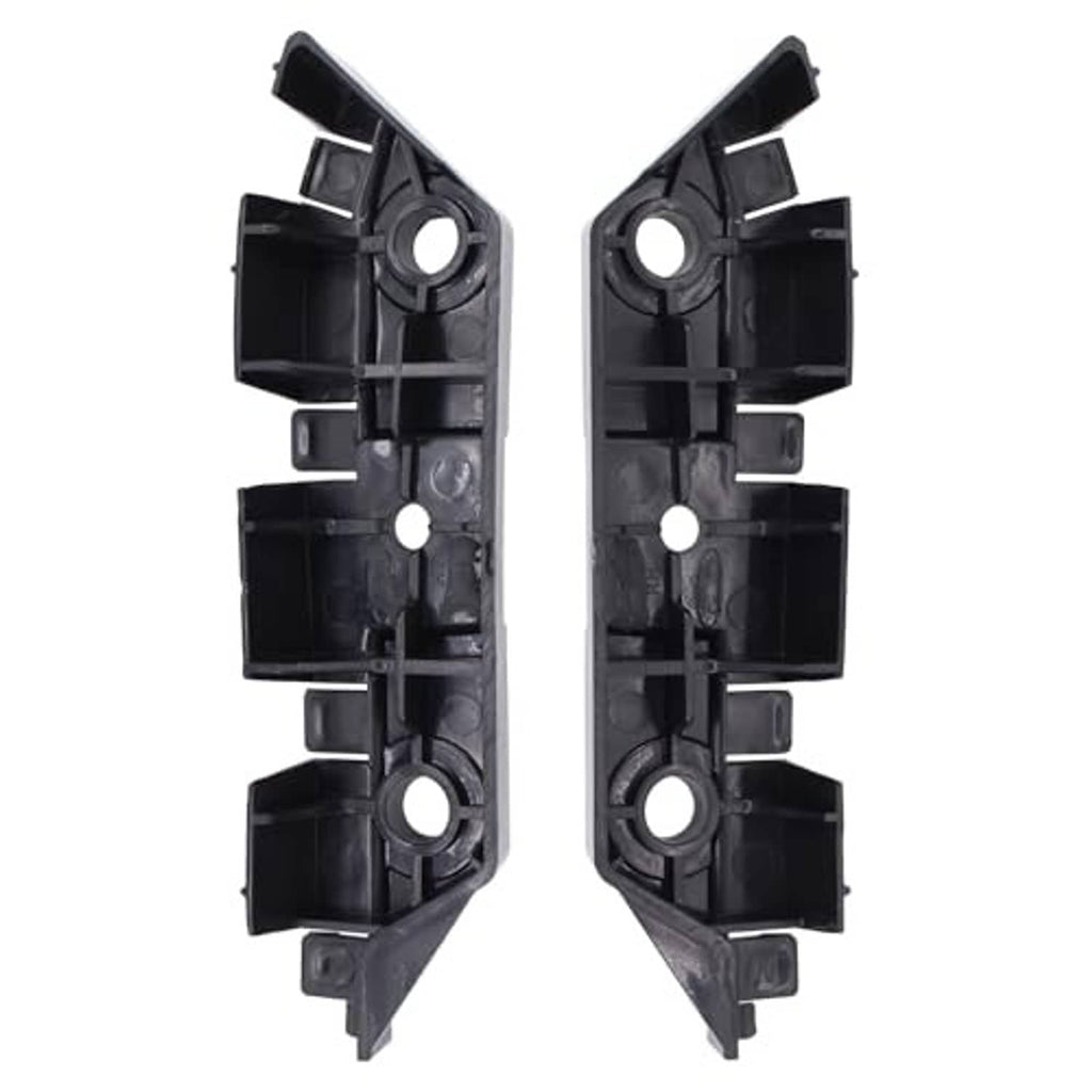 Pair of front bumper bracket retainers with round openings and rectangular clip blocks, dark plastic