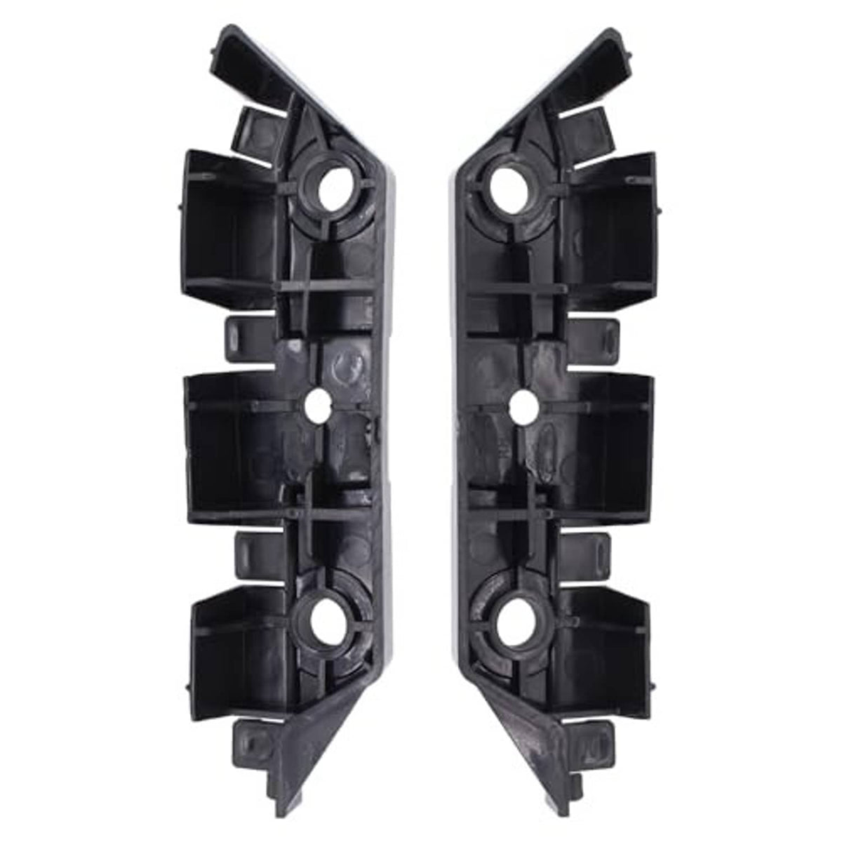 Pair of front bumper bracket retainers with round openings and rectangular clip blocks, dark plastic
