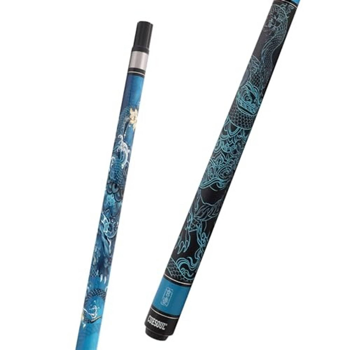 Close-up of blue patterned pool cue shaft with decorative lines and grip area