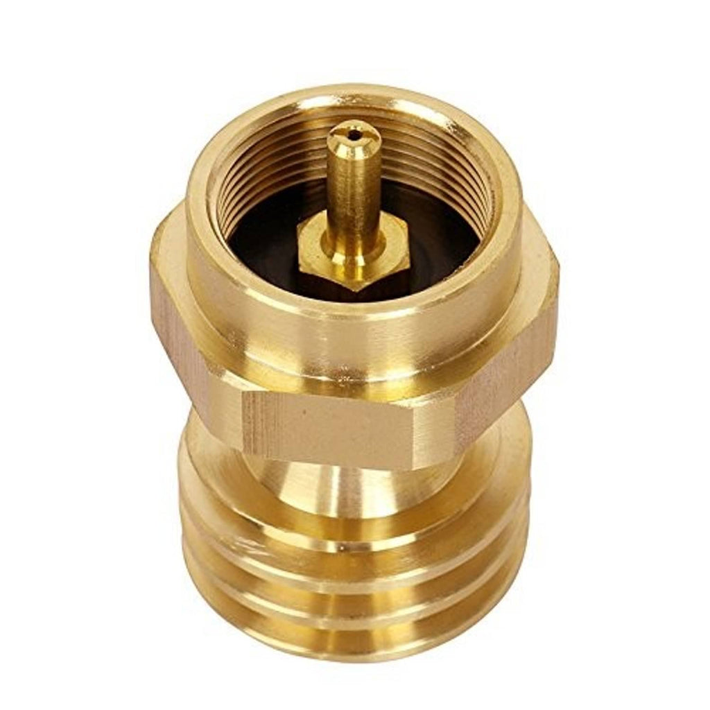 Brass propane adapter coupler with internal threads and visible valve stem