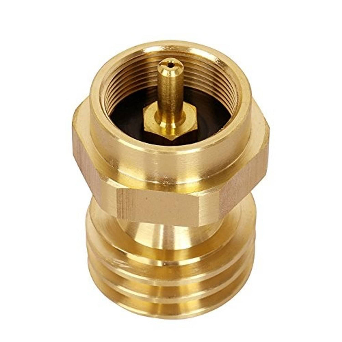 Brass propane adapter coupler with internal threads and visible valve stem