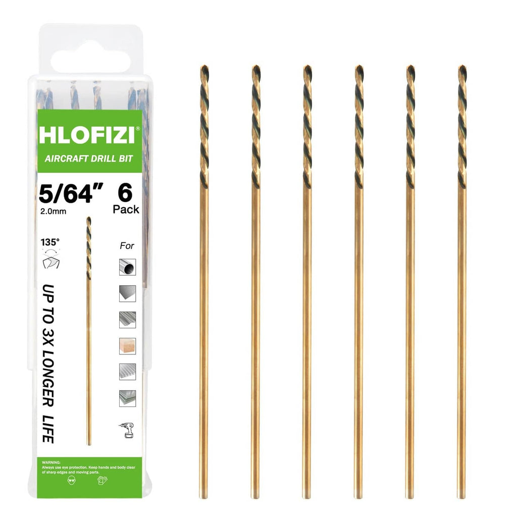 Aircraft extension drill bits, 5/64 in gold set of 6 with black spiral flutes