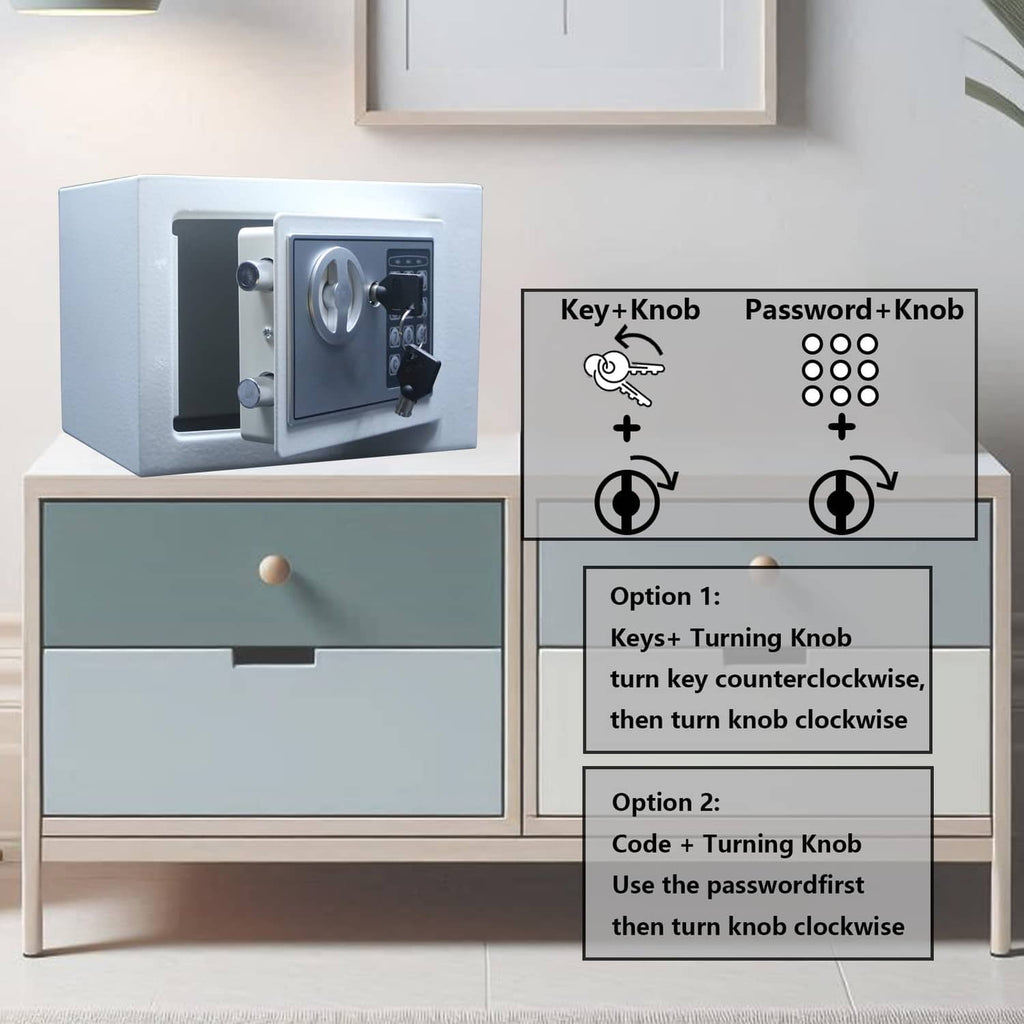 White electronic safe box with keypad lock and key knob