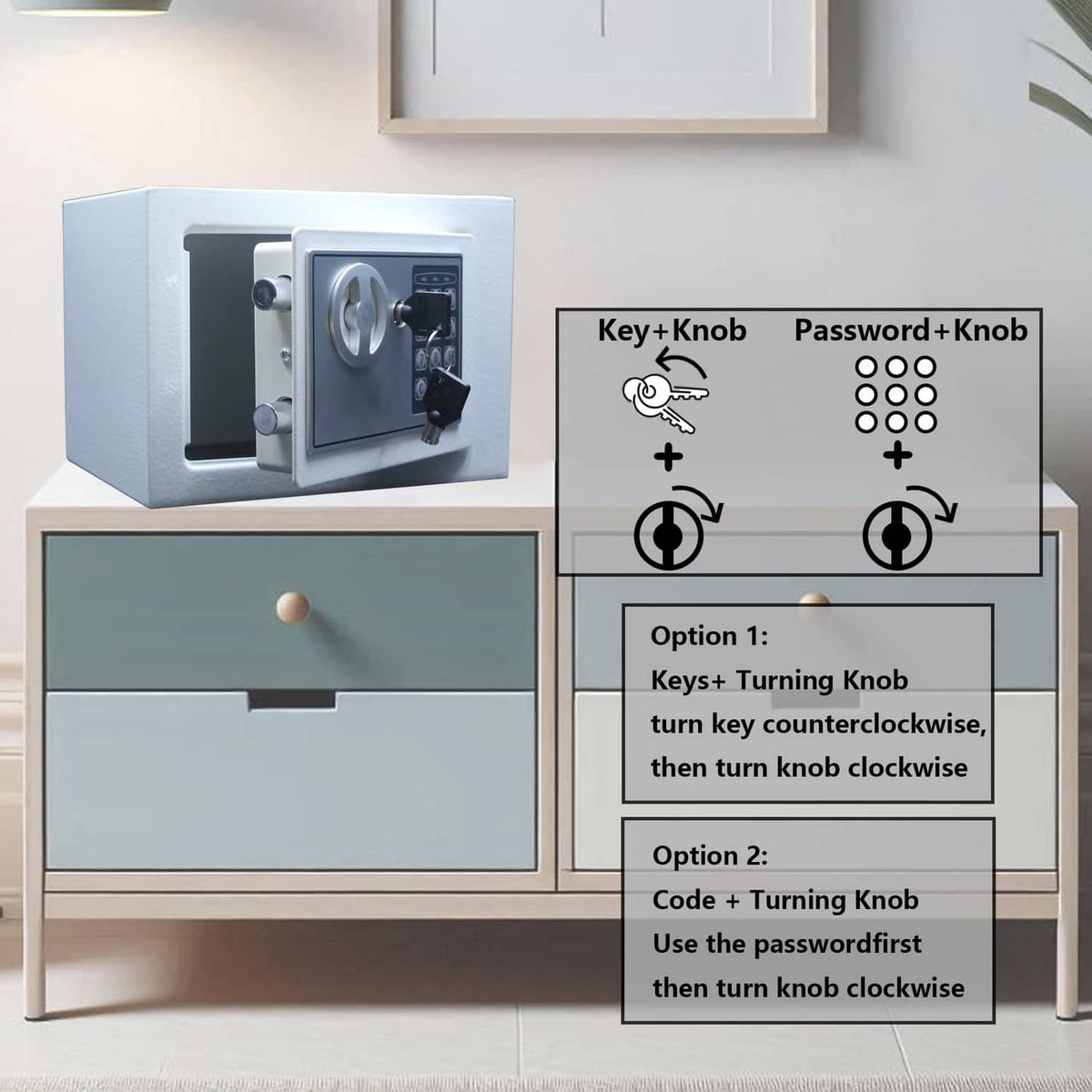 White electronic safe box with keypad lock and key knob