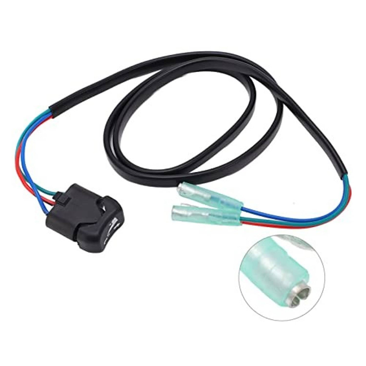 Outboard trim tilt switch wiring harness with black plug and teal insulated terminal ends