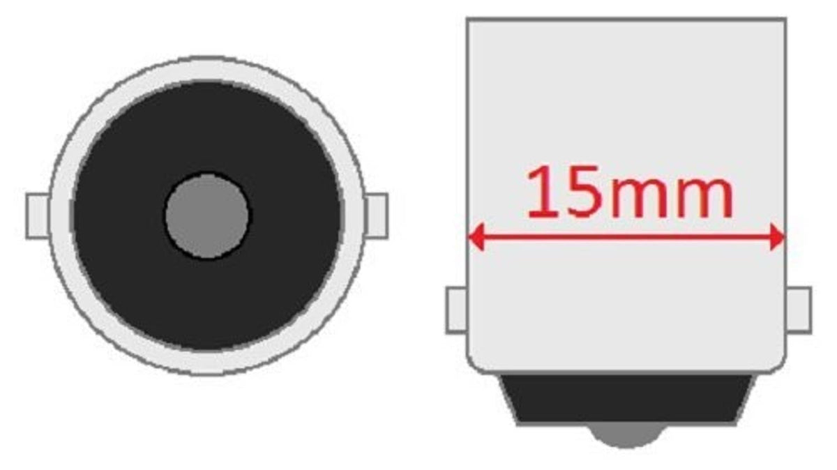 Round bulb front and base, 15mm width measurement, metal pins on one side