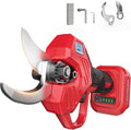 Red cordless electric pruning shears with twin rotating blades and LCD display