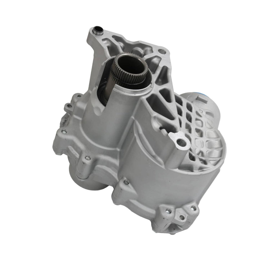 Transfer case housing assembly with circular input opening, gray metal and bolt details