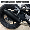 Black motorcycle exhaust muffler with slip-on tailpipe and heat shield wrap.