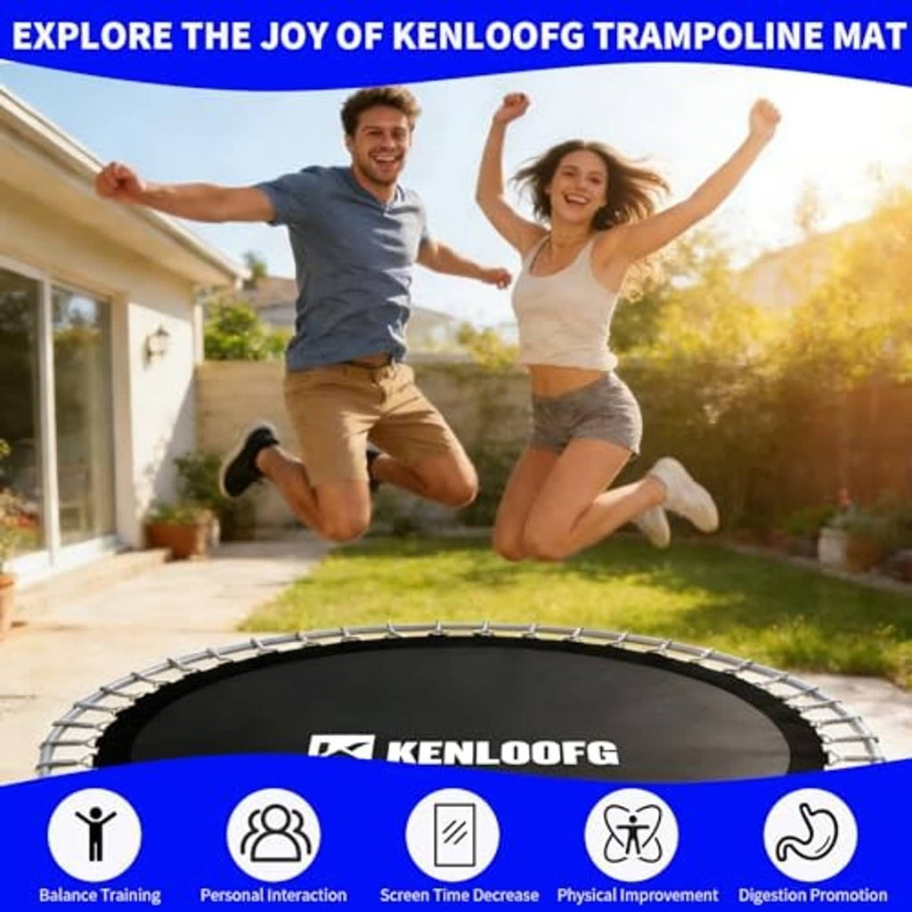Black trampoline jumping mat with V-rings for outdoor bouncing, round mat surface