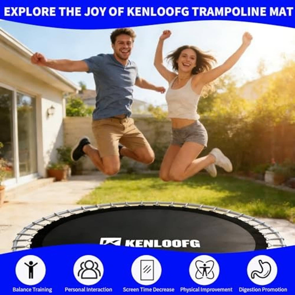 Black trampoline jumping mat with V-rings for outdoor bouncing, round mat surface