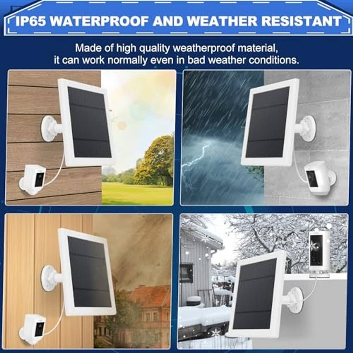 White weather-resistant solar panel charger with dark photovoltaic panel and wall mounting bracket