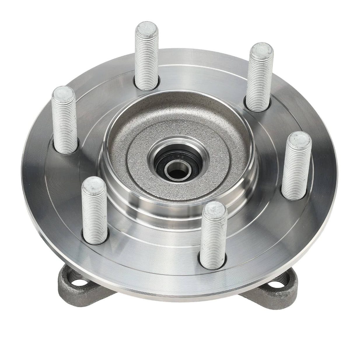 Front wheel hub assembly with five mounting studs and central bearing bore