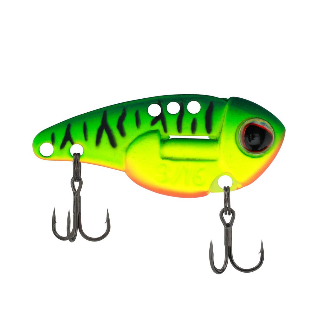 Firetiger blade bait lure, green and yellow body with two treble hooks