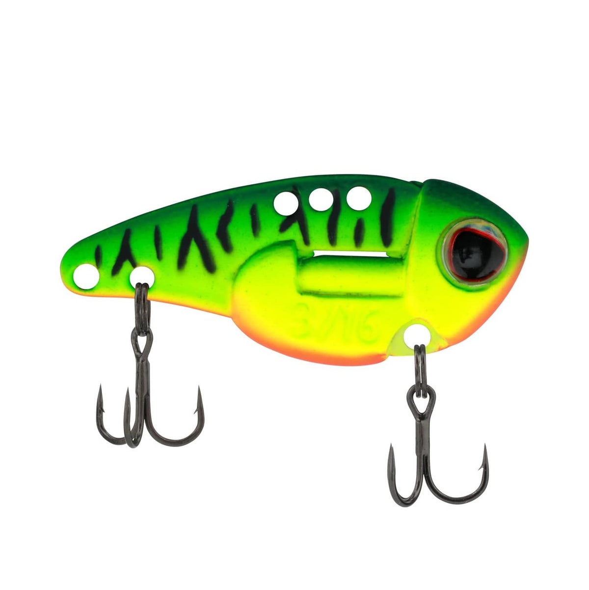 Firetiger blade bait lure, green and yellow body with two treble hooks