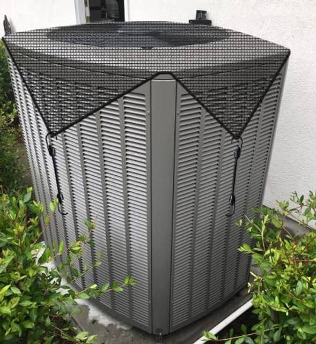Air conditioner mesh cover with bungee ties on a square outdoor unit