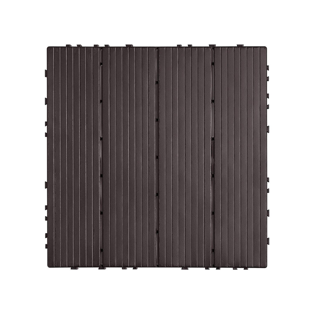 Square dark brown interlocking deck tile board with vertical ribbed top panels