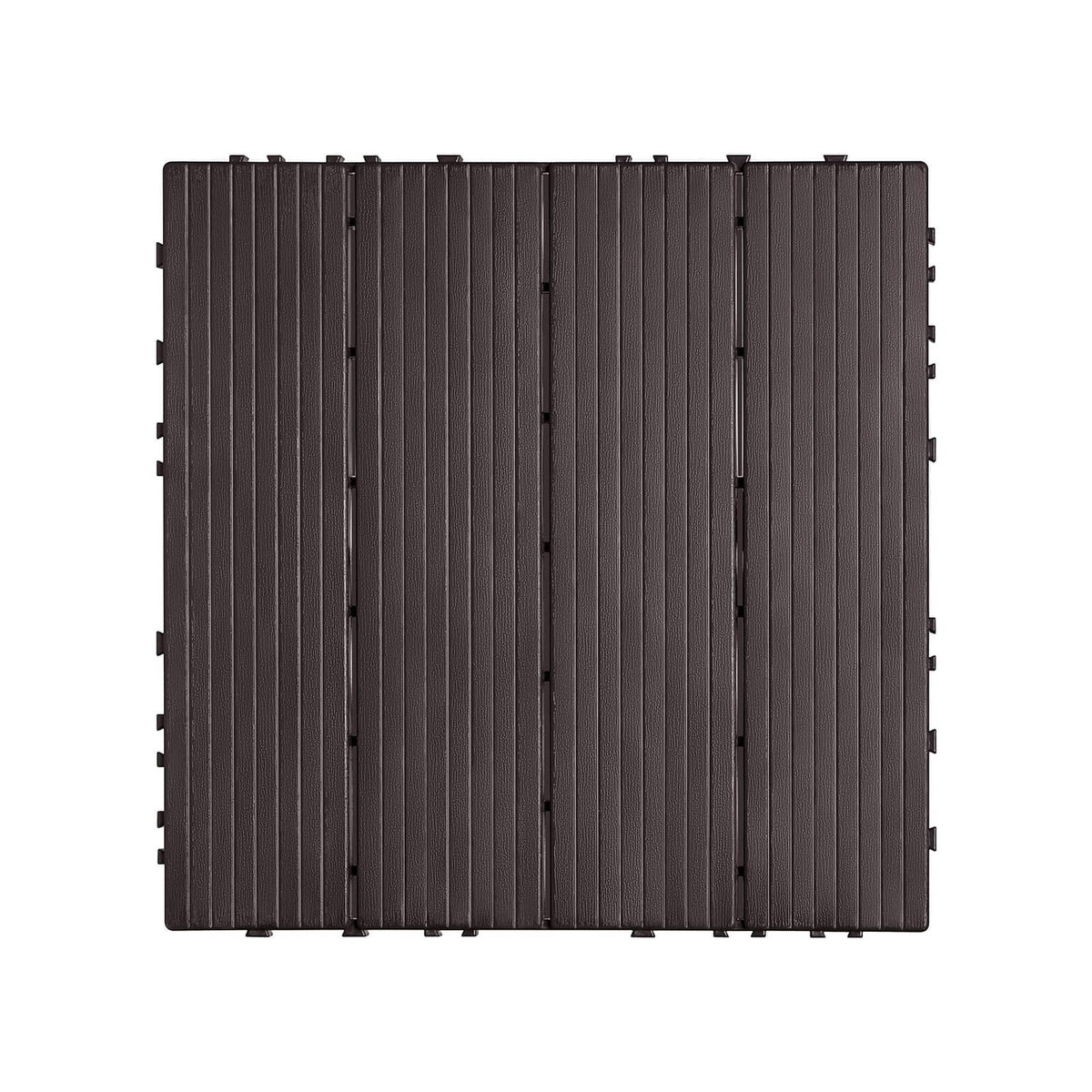 Square dark brown interlocking deck tile board with vertical ribbed top panels