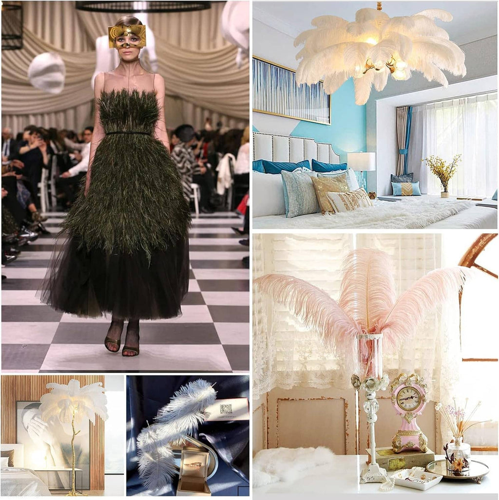 White feather decorative pieces used for fashion and interior decor, shown on models