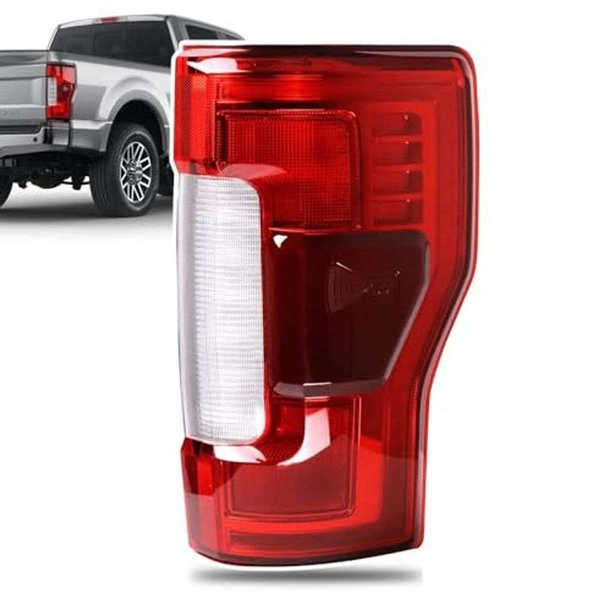 Tail light assembly with red outer housing and clear center light strip, passenger side