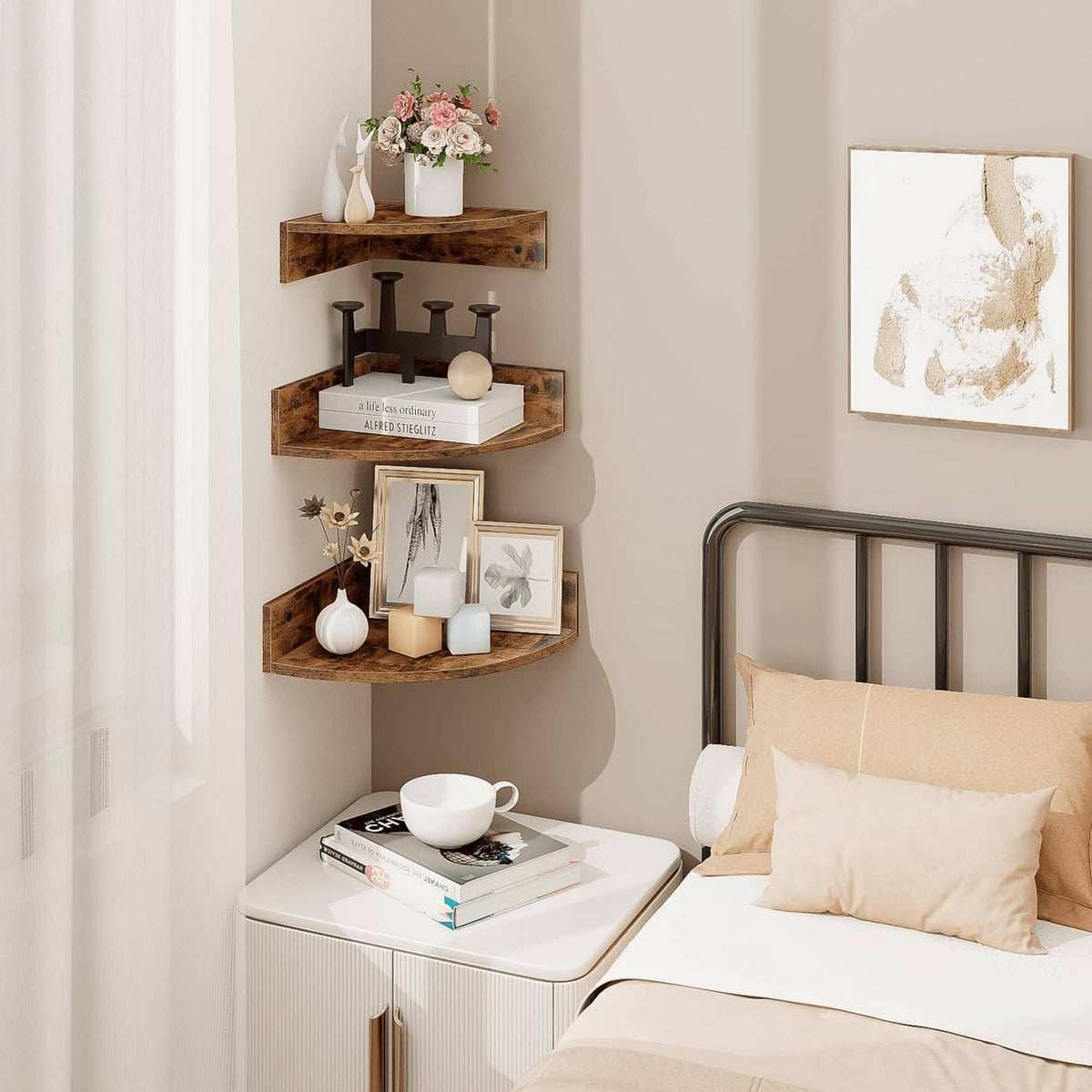 Brown corner floating shelves stacked vertically, styled with decor on wall