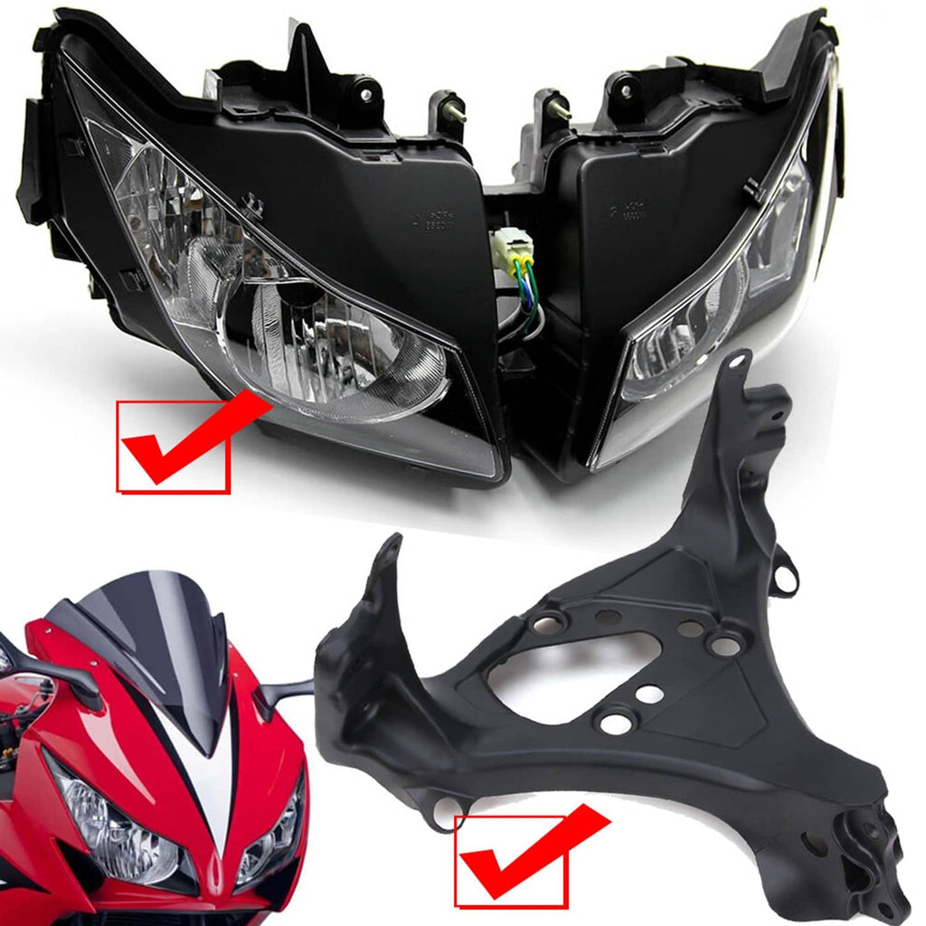 Front headlight assembly with upper fairing stay bracket and clear-lens lamps, angled close-up