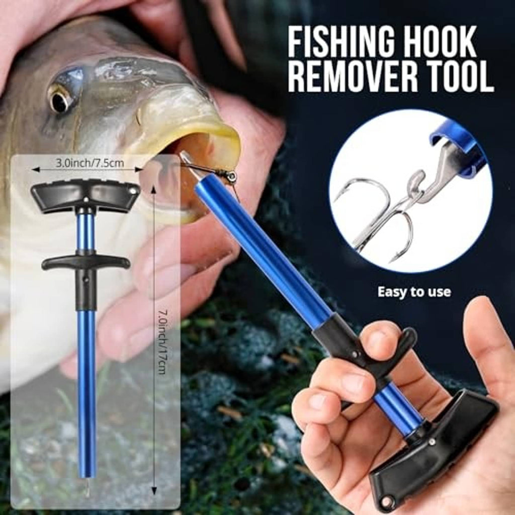 Fishing hook remover tool with blue handle and metal clamp, held in a hand