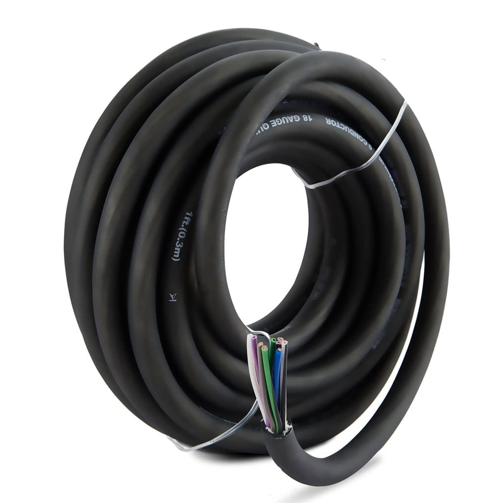 Coiled 9-conductor speaker wire with black jacket and multicolor inner conductors
