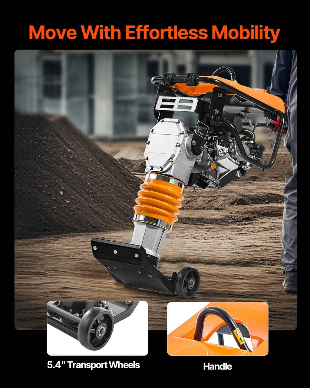 Gas powered jumping jack tamper compactor with orange body and black transport wheels