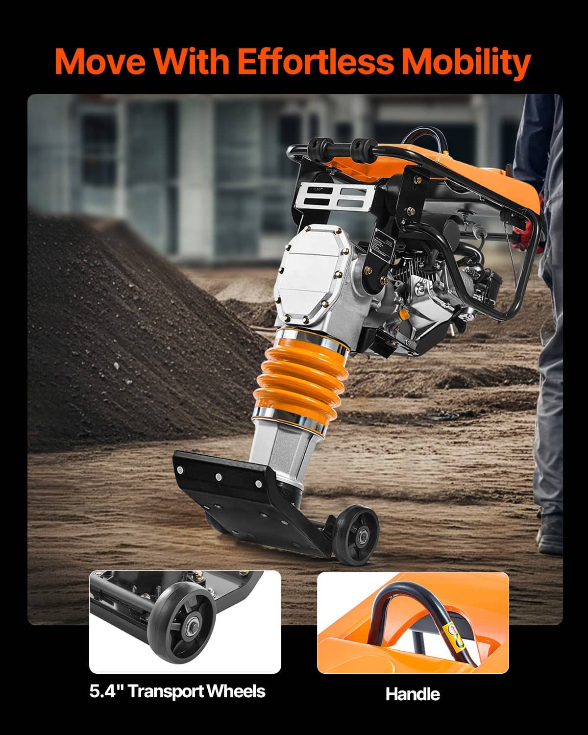Gas powered jumping jack tamper compactor with orange body and black transport wheels