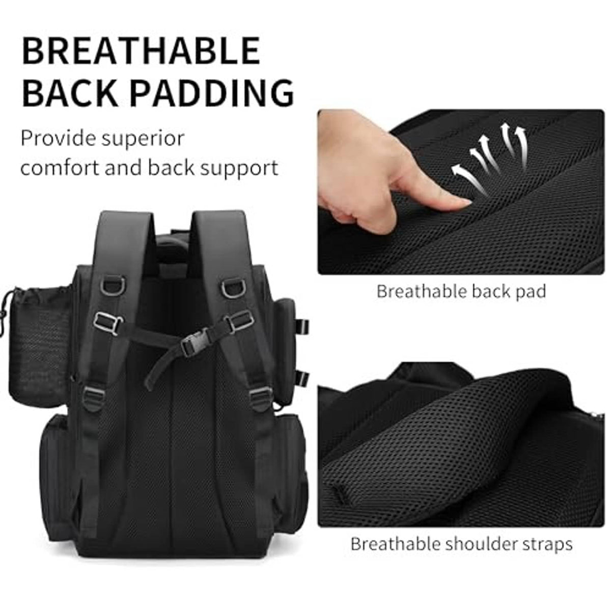 Black fishing tackle backpack with breathable padded back and textured shoulder straps