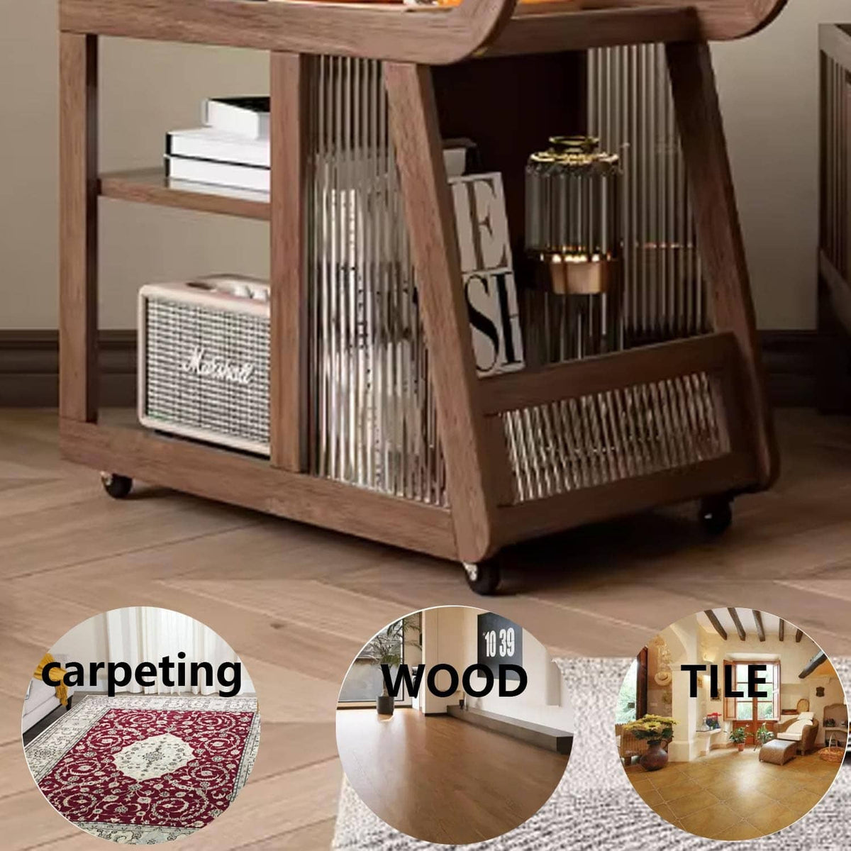 Swivel caster wheels under wooden storage cart with black rubber tires