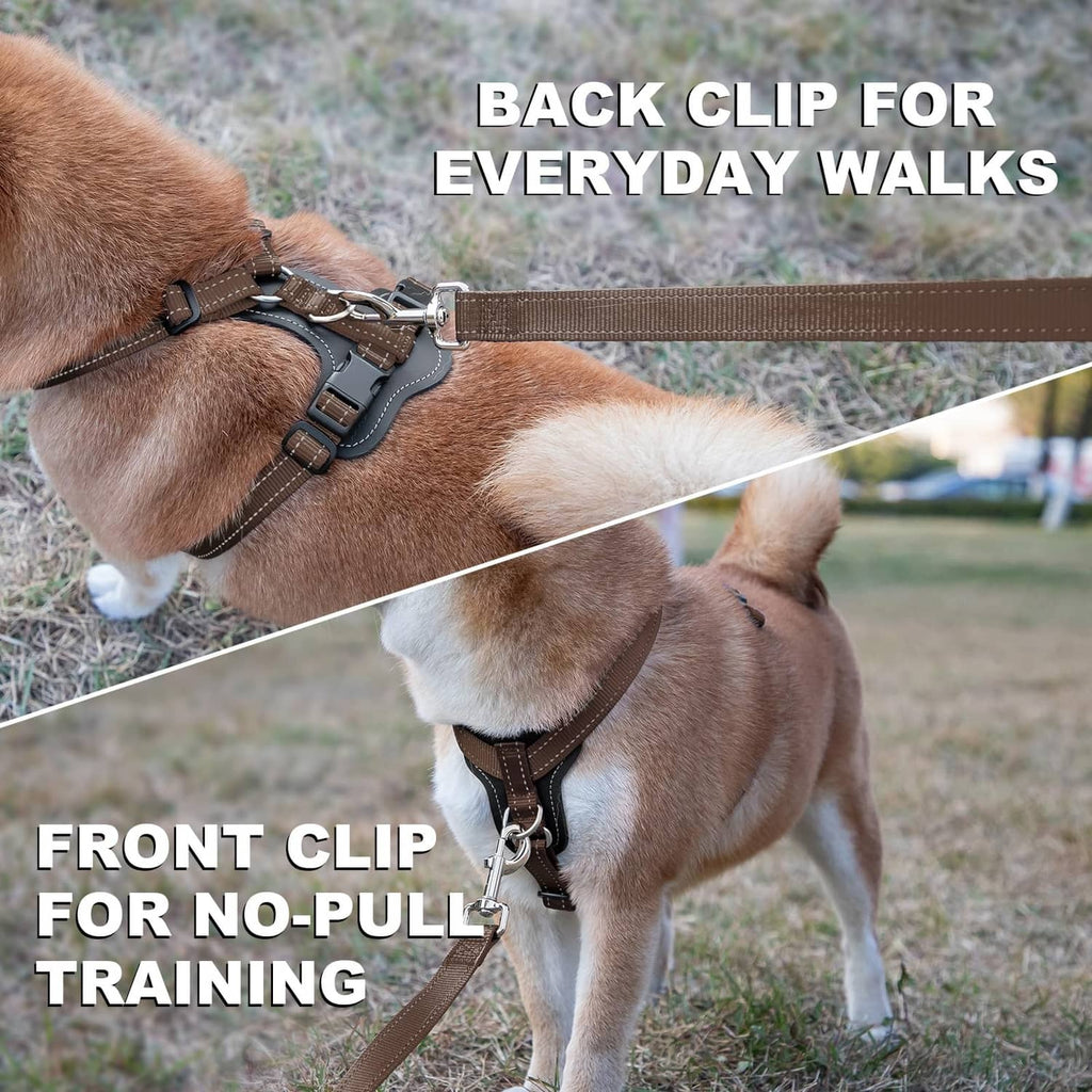Brown no-pull dog harness with front and back clips, adjustable chest strap
