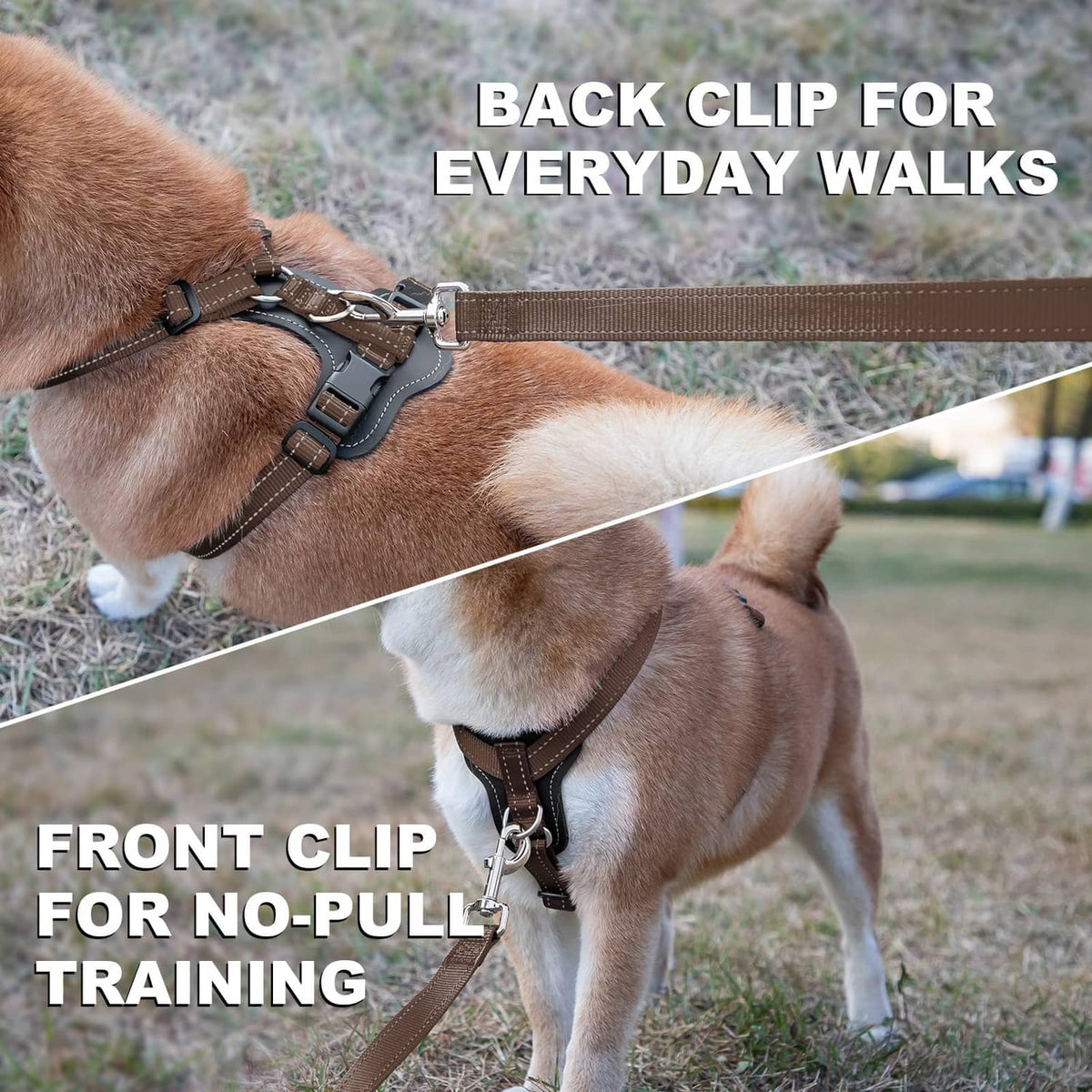 Brown no-pull dog harness with front and back clips, adjustable chest strap