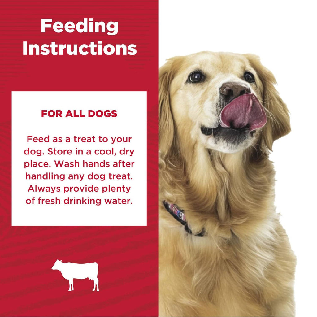 Dog treat feeding instructions panel with golden retriever portrait