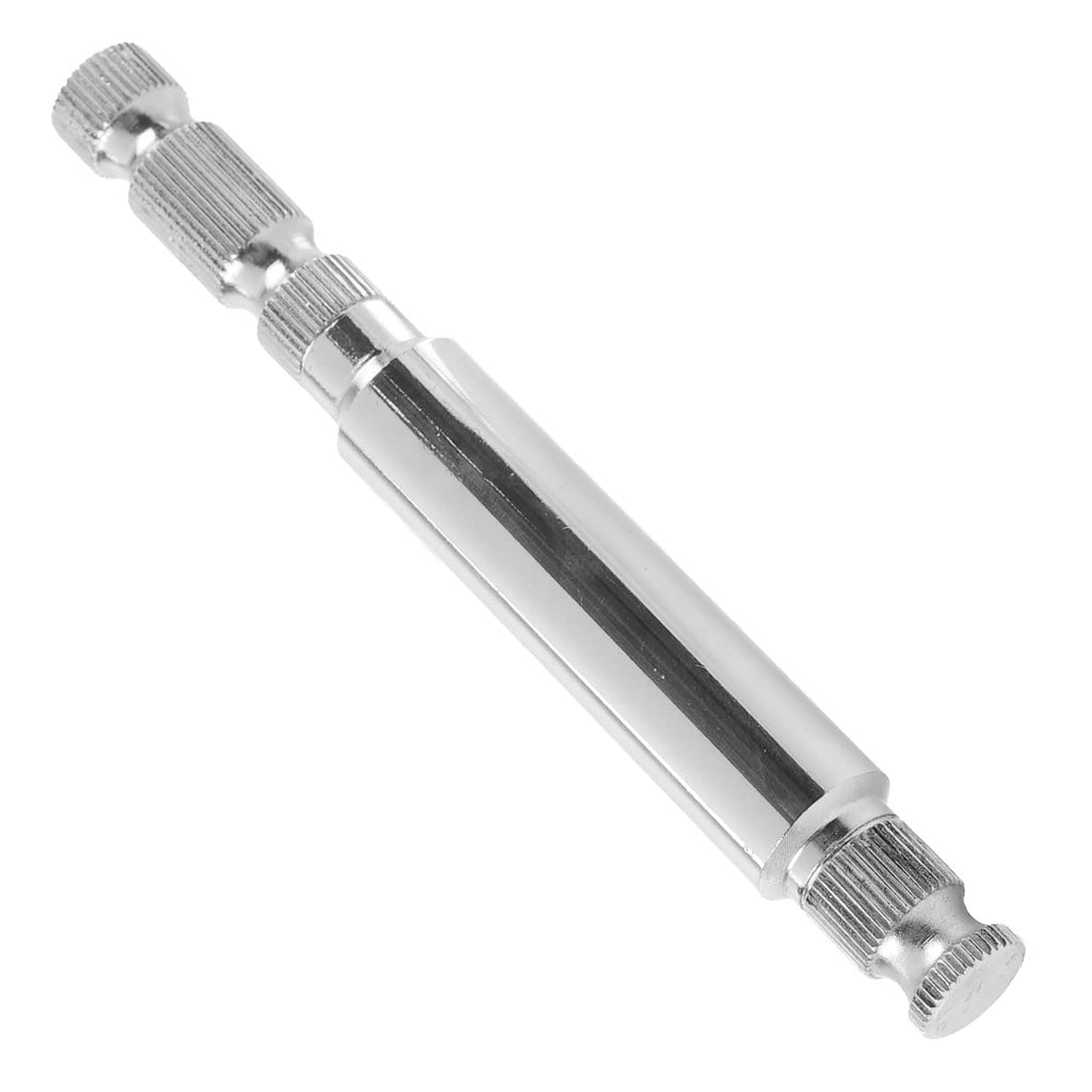 Motorcycle inner shifter lever shaft angled view, polished metal with knurled sections