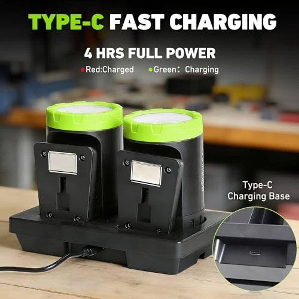 Charging dock with two rechargeable LED work lights, green heads on black bases