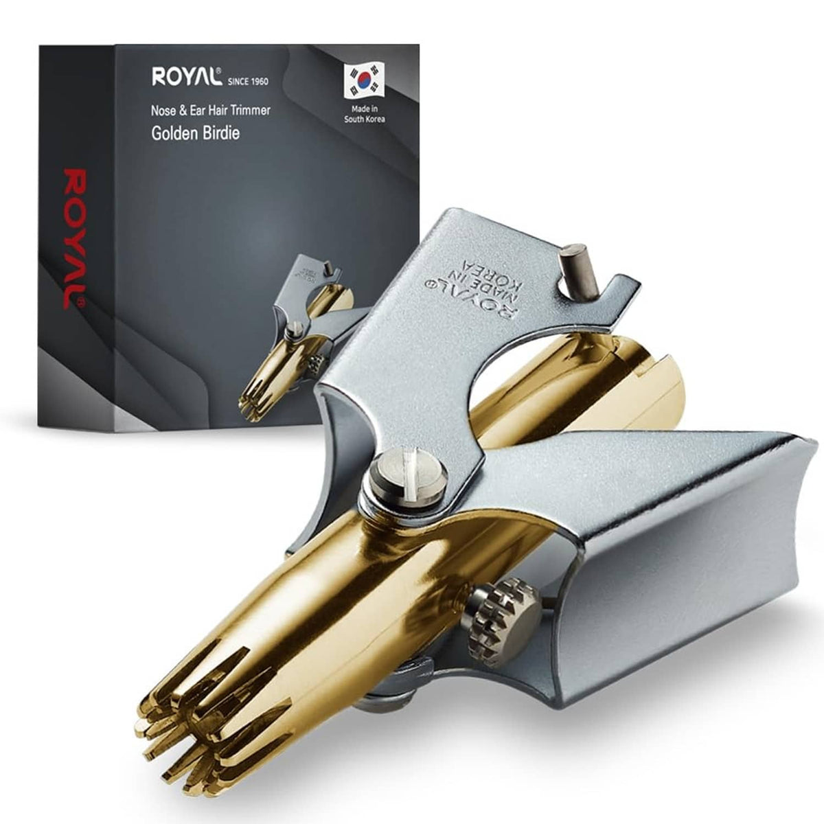 Gold nose hair trimmer with protective guard and dual-edge trimming head