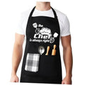 Black chef-themed apron with front pocket, plaid towel, and 'the chef is always right' graphic