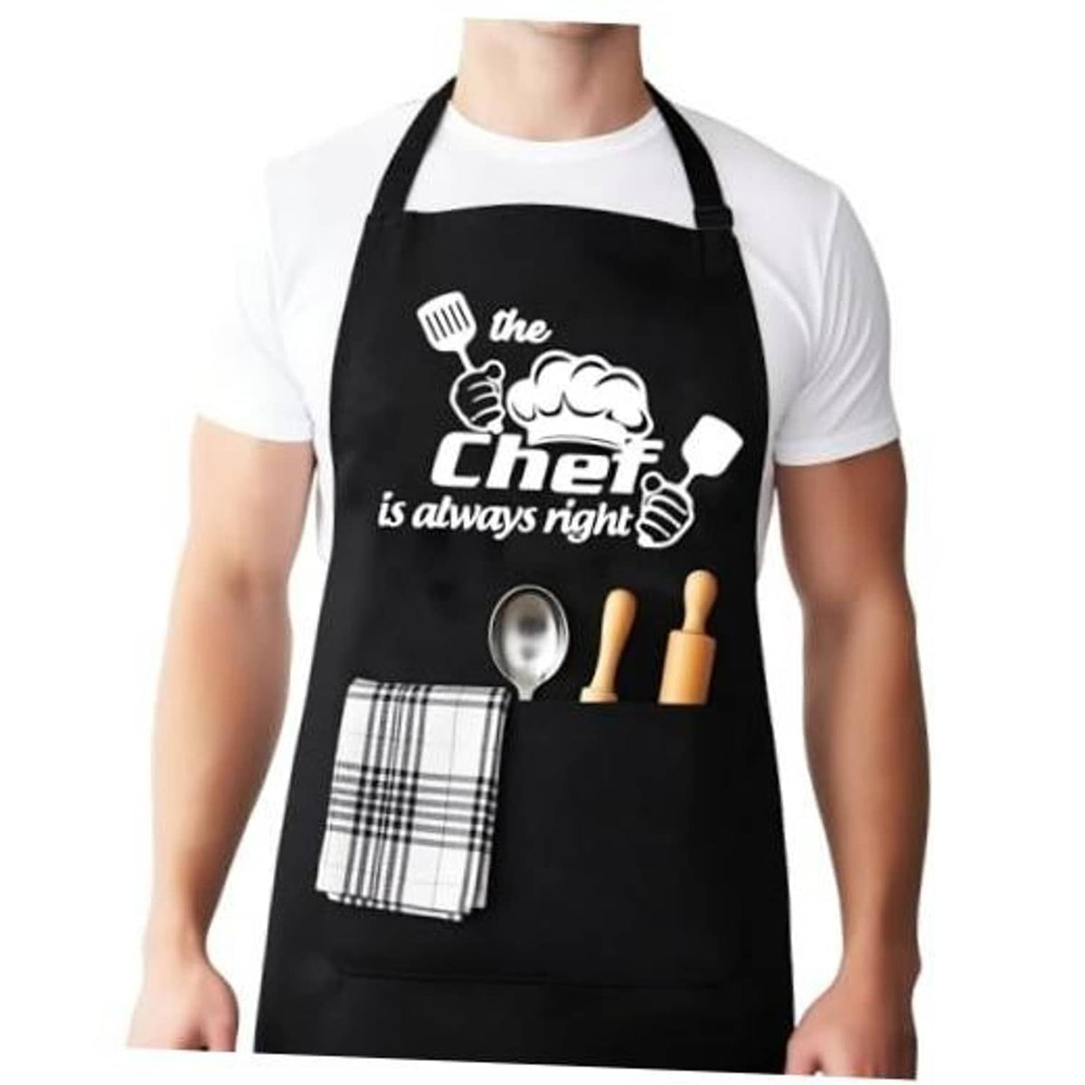 Black chef-themed apron with front pocket, plaid towel, and 'the chef is always right' graphic