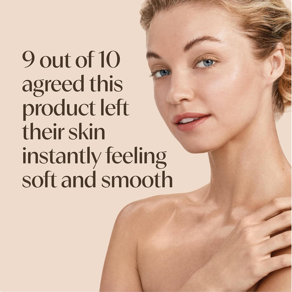 Aveeno body oil mist on face and shoulders, skin looks soft and smooth