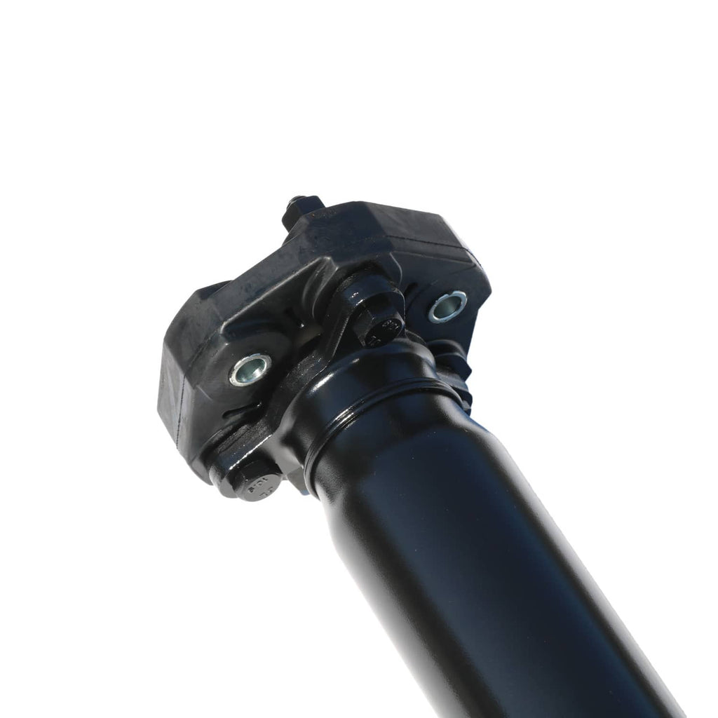 Rear drive shaft yoke end with circular bearing housing and mounting ears on dark blue tube