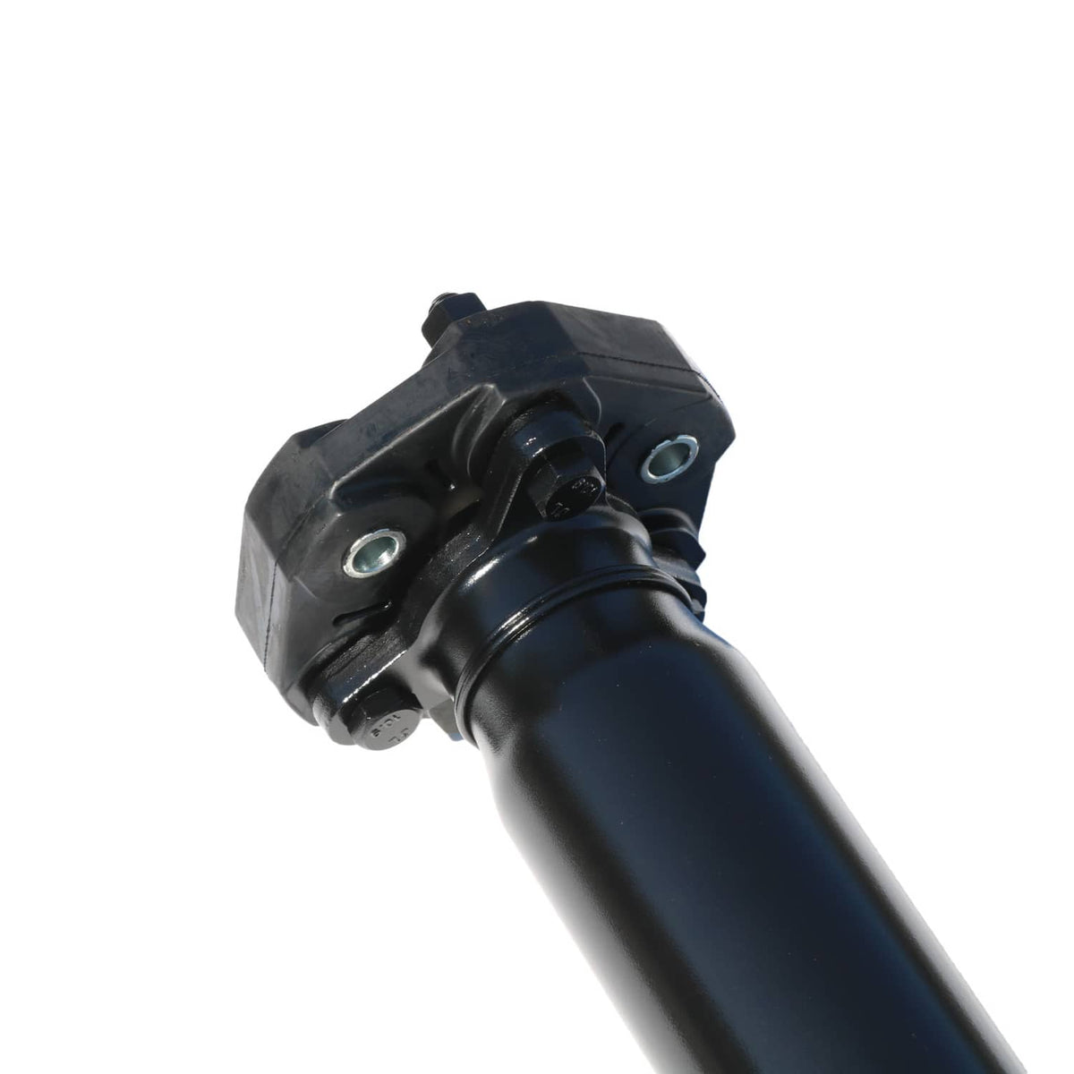 Rear drive shaft yoke end with circular bearing housing and mounting ears on dark blue tube