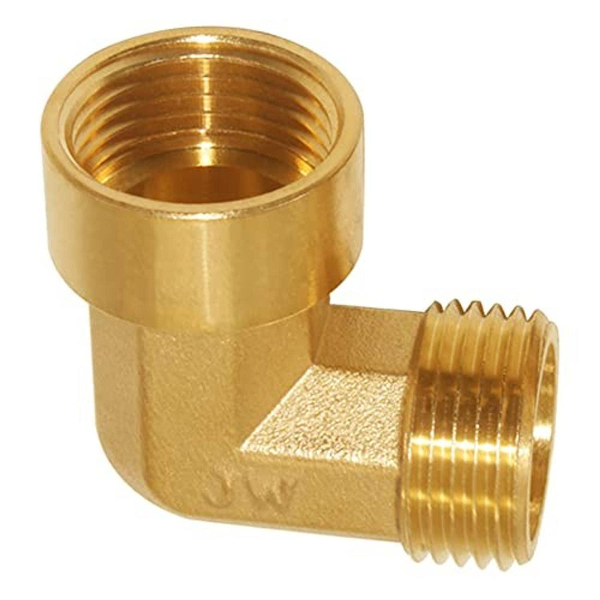 Close view of brass 90-degree elbow fitting with female NPT opening and male threaded end
