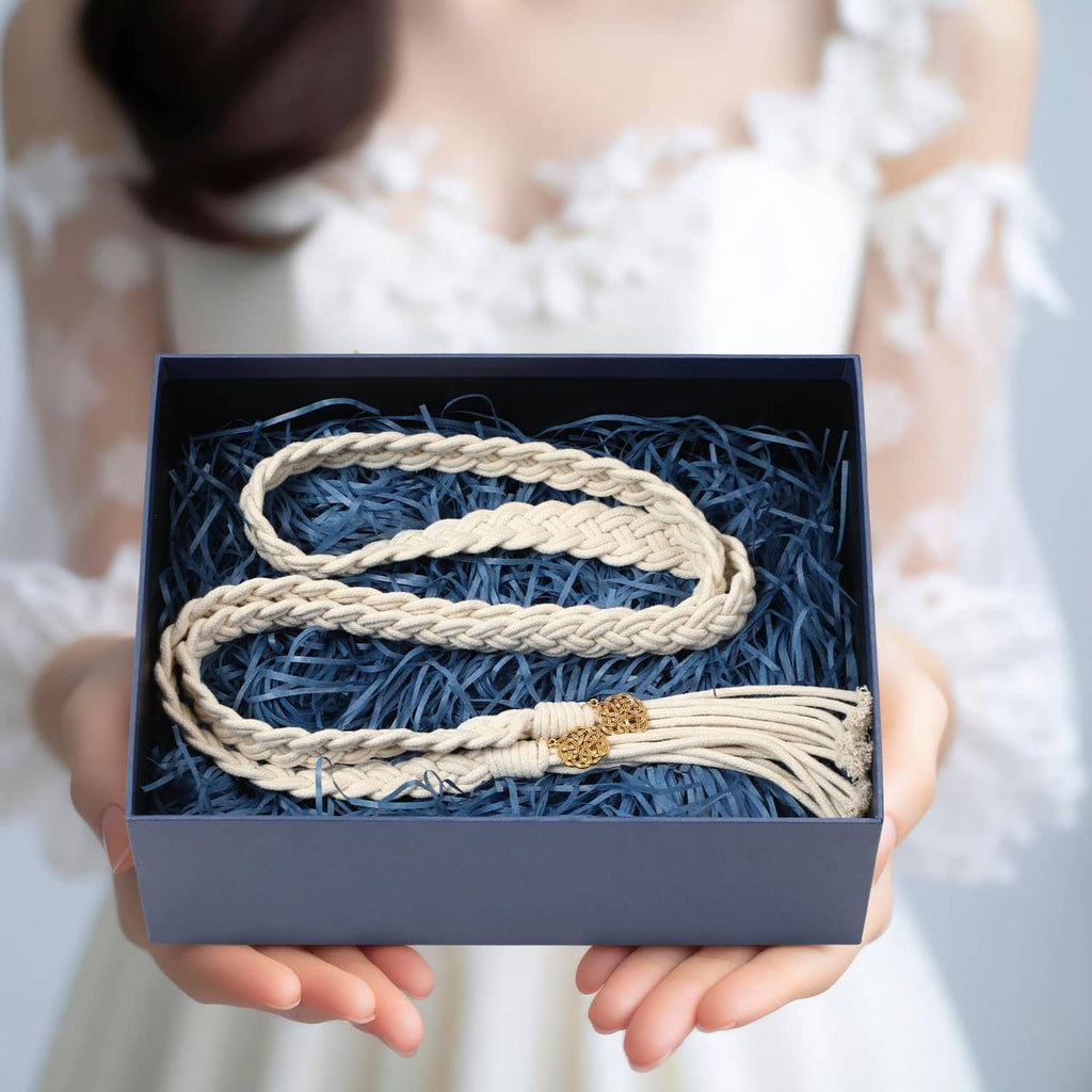 Ivory braided handfasting cord set with gold charm beads in gift box