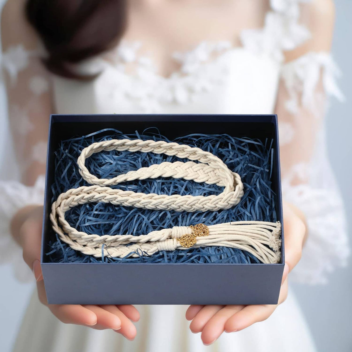 Ivory braided handfasting cord set with gold charm beads in gift box