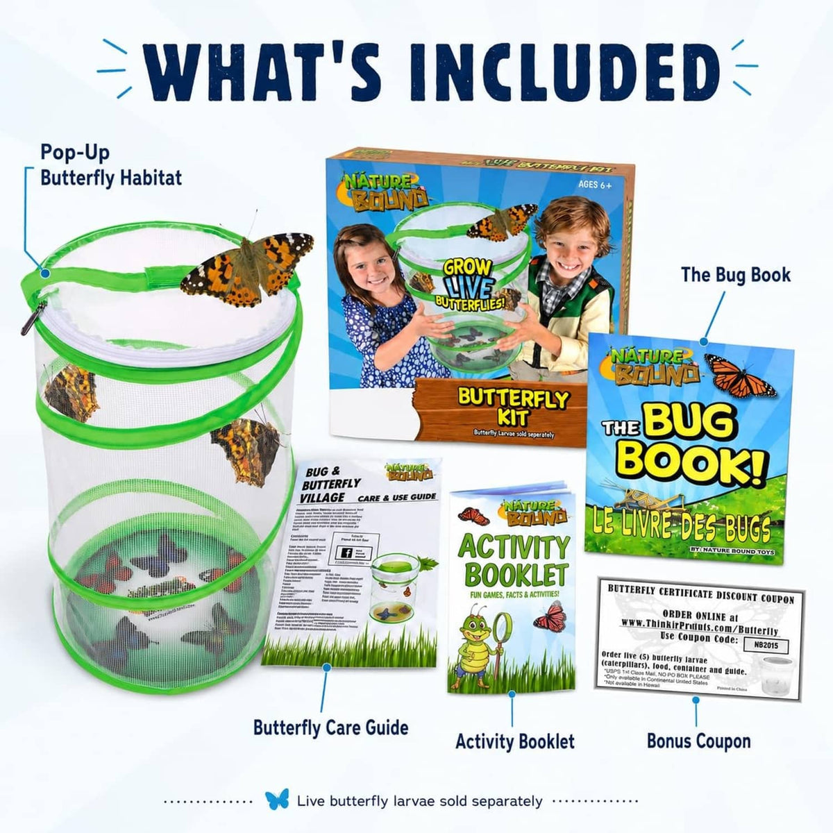 Butterfly habitat kit contents: green mesh habitat, butterfly care guide, activity booklet, coupon.