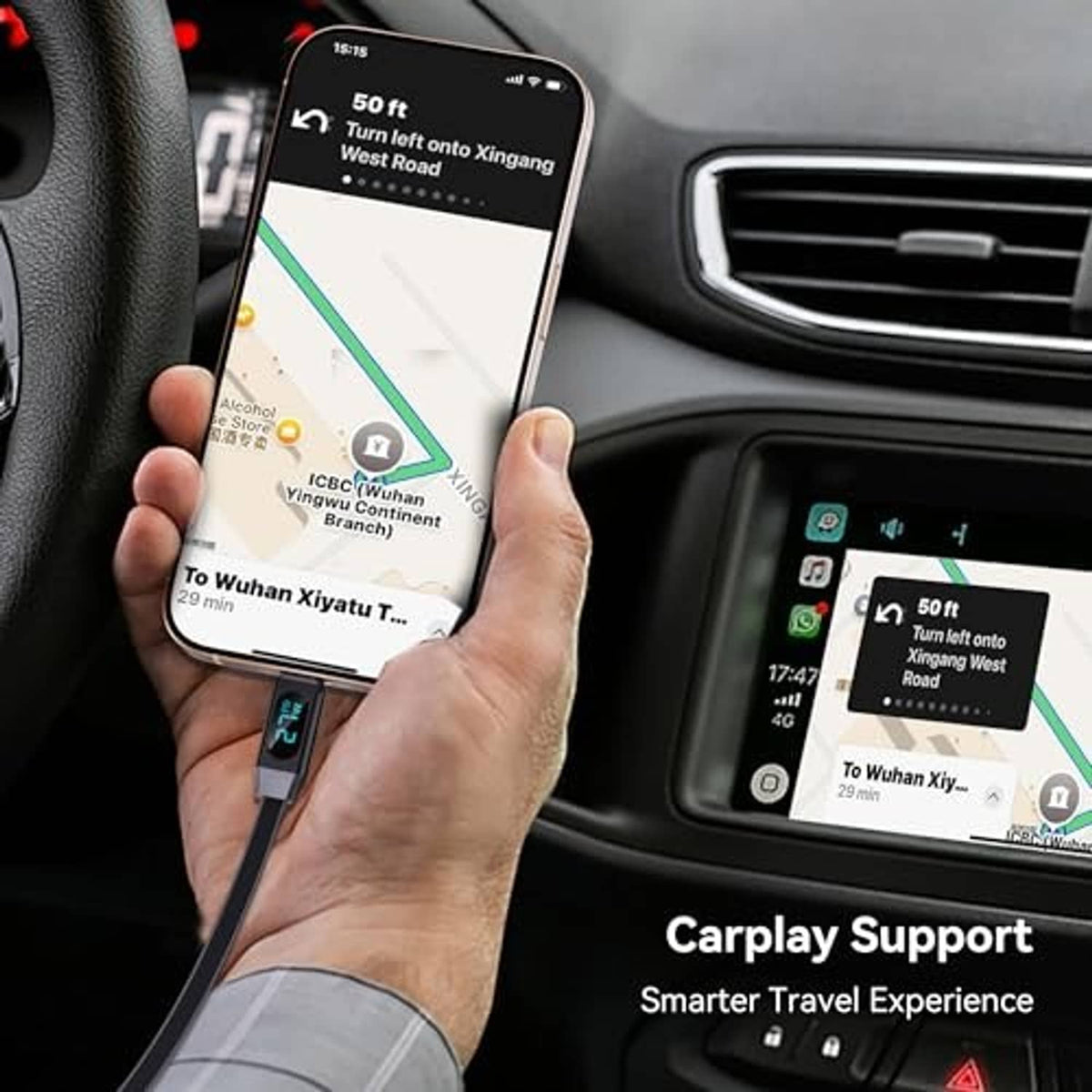 Retractable charging cable with LED connector plugged into a smartphone