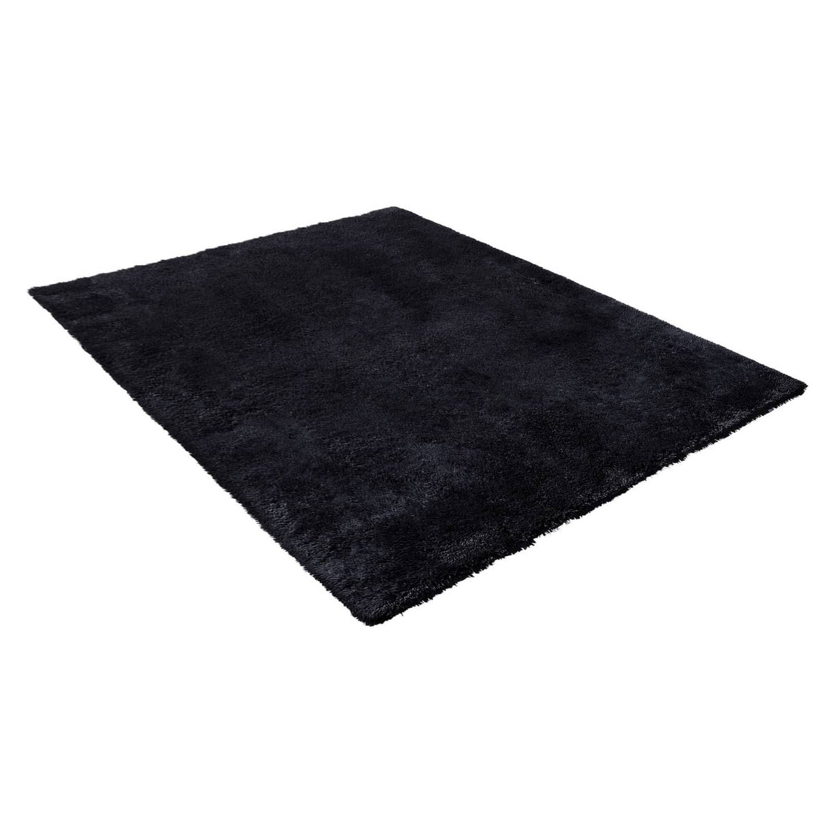 Black plush rectangular area rug with thick shag texture and rounded corners